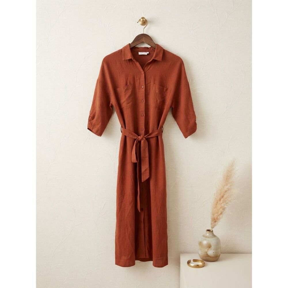Lush Rust Burnt Orange Roll Tab Sleeve Button Front Midi Shirt Dress Size S EUC